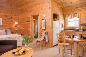 Interior of studio log cabin with open living space