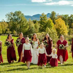 Bridal party and flower girls at Sterling Ridge Resort wedding in vermont
