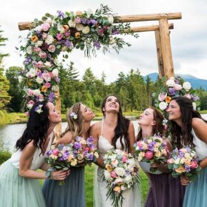 Bridal party with view of Mount Mansfield at Sterling Ridge Resort