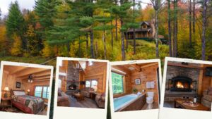 Field and Stream Cabin photos layered to look like a polaroid set of new construction and renovation